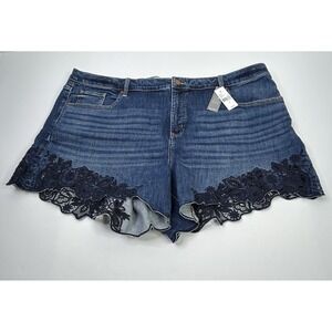 Lane Bryant Girlfriend Jean Shorts Women's 24 Blue + Embroidered Hem Midrise NWT